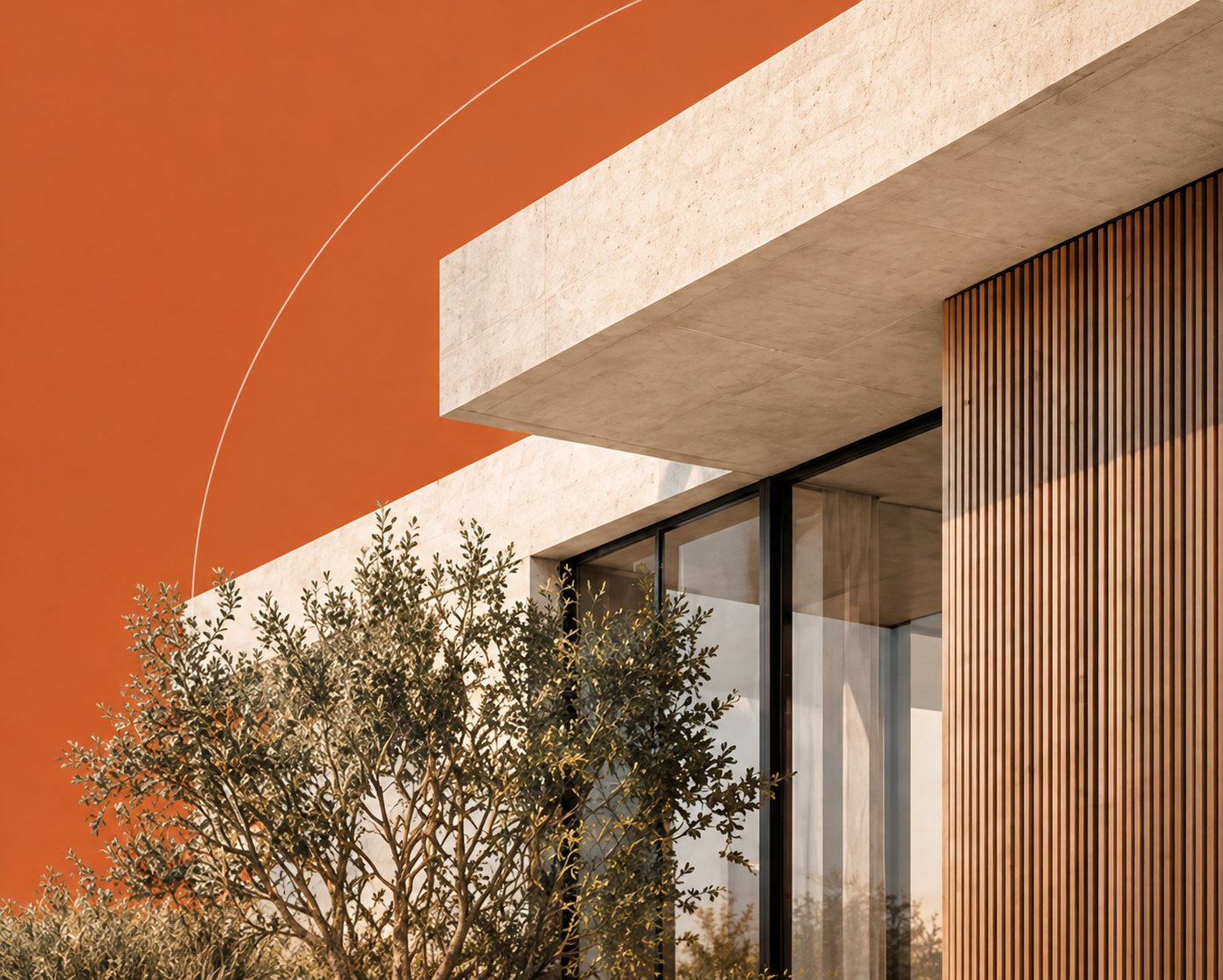 Alero de hormigón, vidrio y madera sobre un muro naranja